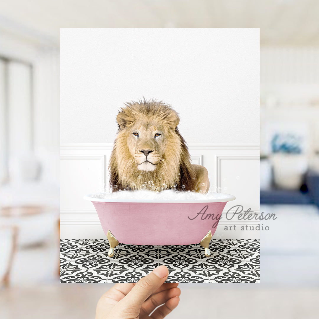 a lion sitting in a pink bath tub