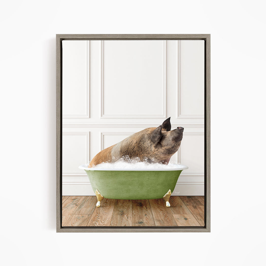 A brown pig sitting in a green bathtub filled with bubbles, looking up at the camera.