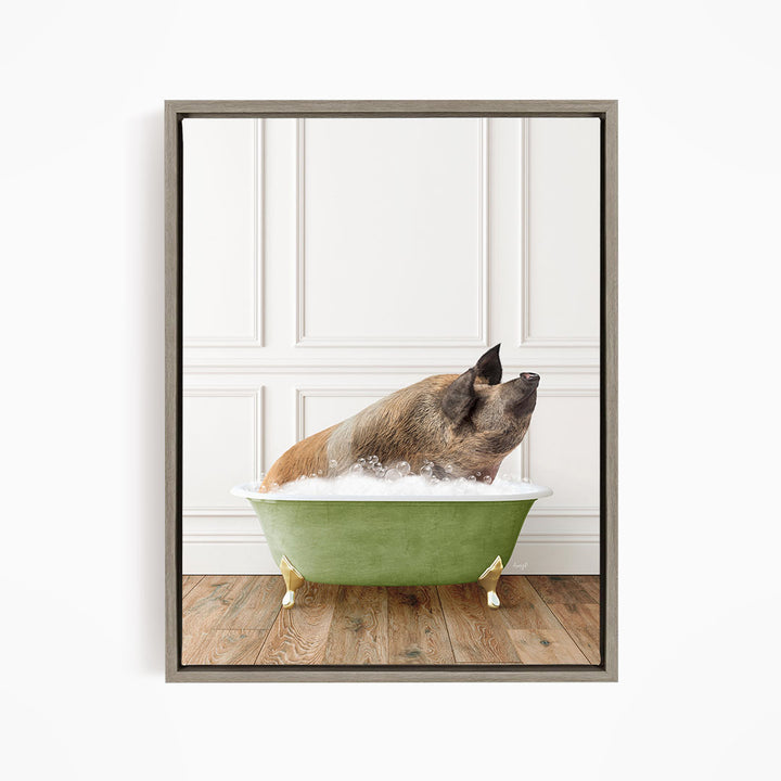 A brown pig sitting in a green bathtub filled with bubbles, looking up at the camera.