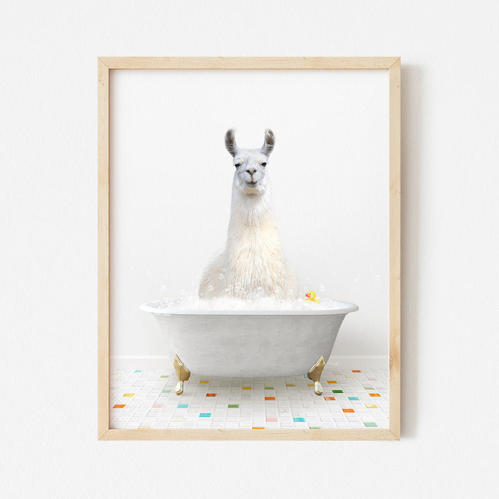 a llama sitting in a bathtub in a bathroom