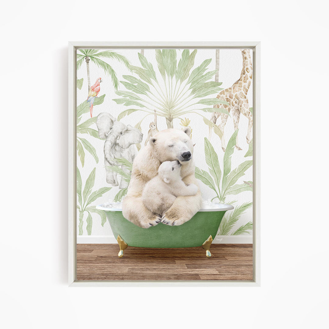 A polar bear is sitting in a green bathtub, surrounded by various animals such as a giraffe, elephant, and parrot, against a backdrop of tropical foliage.