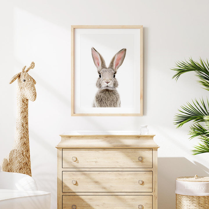 a picture of a rabbit in a frame on a wall above a dresser