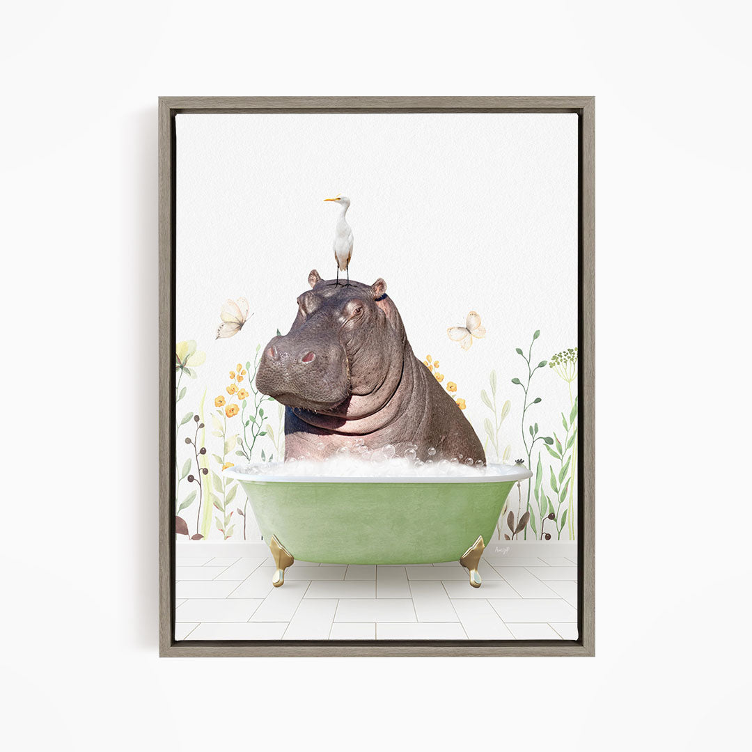 A hippopotamus sitting in a green bathtub, with a bird perched on its head, surrounded by flowers and butterflies.