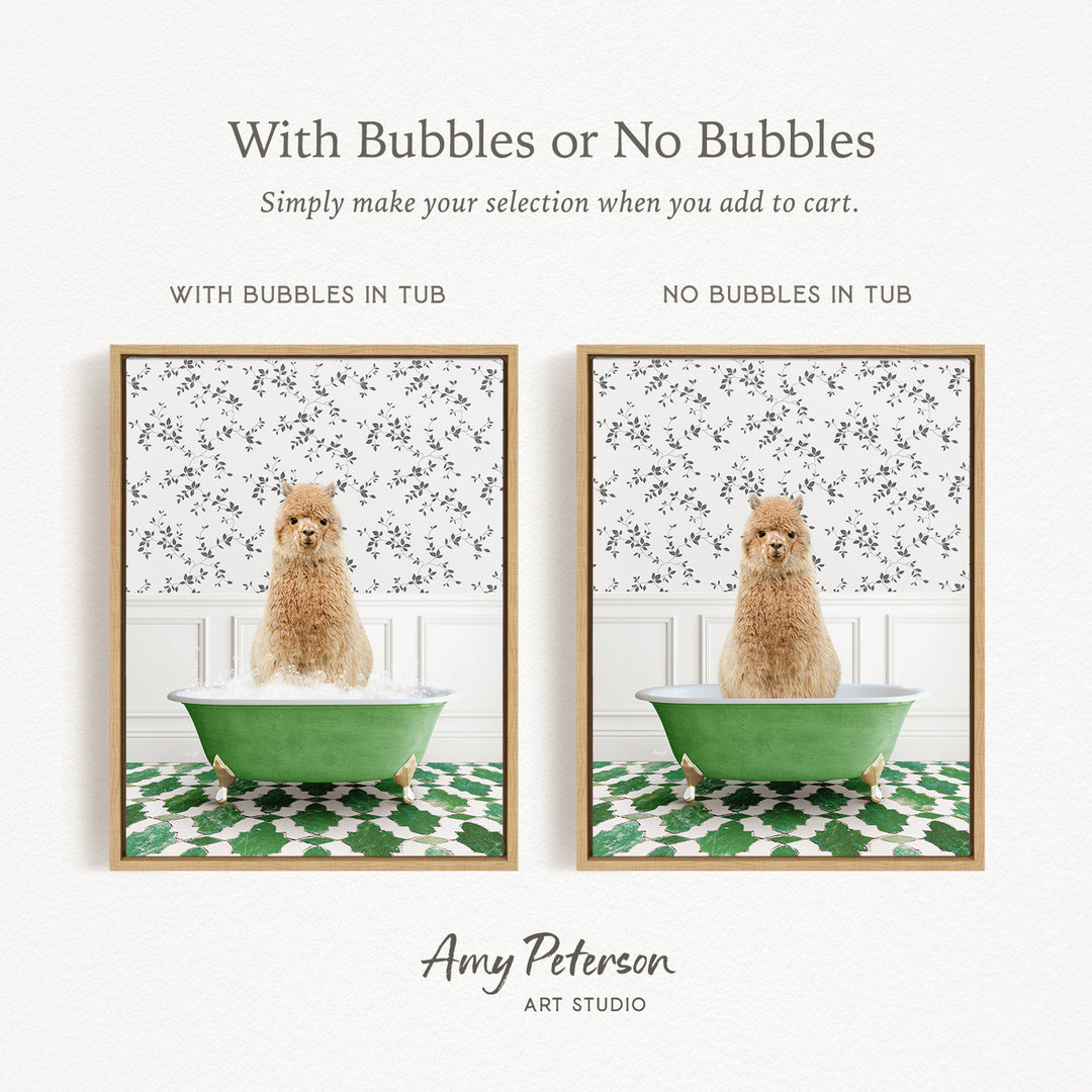 The image is a collage of two pictures featuring a dog sitting in a green bathtub. The dog appears to be a small, furry animal, possibly a puppy or a dog breed with a fluffy coat. The images are framed and displayed side by side, with the text "With Bubbles or No Bubbles" above them.