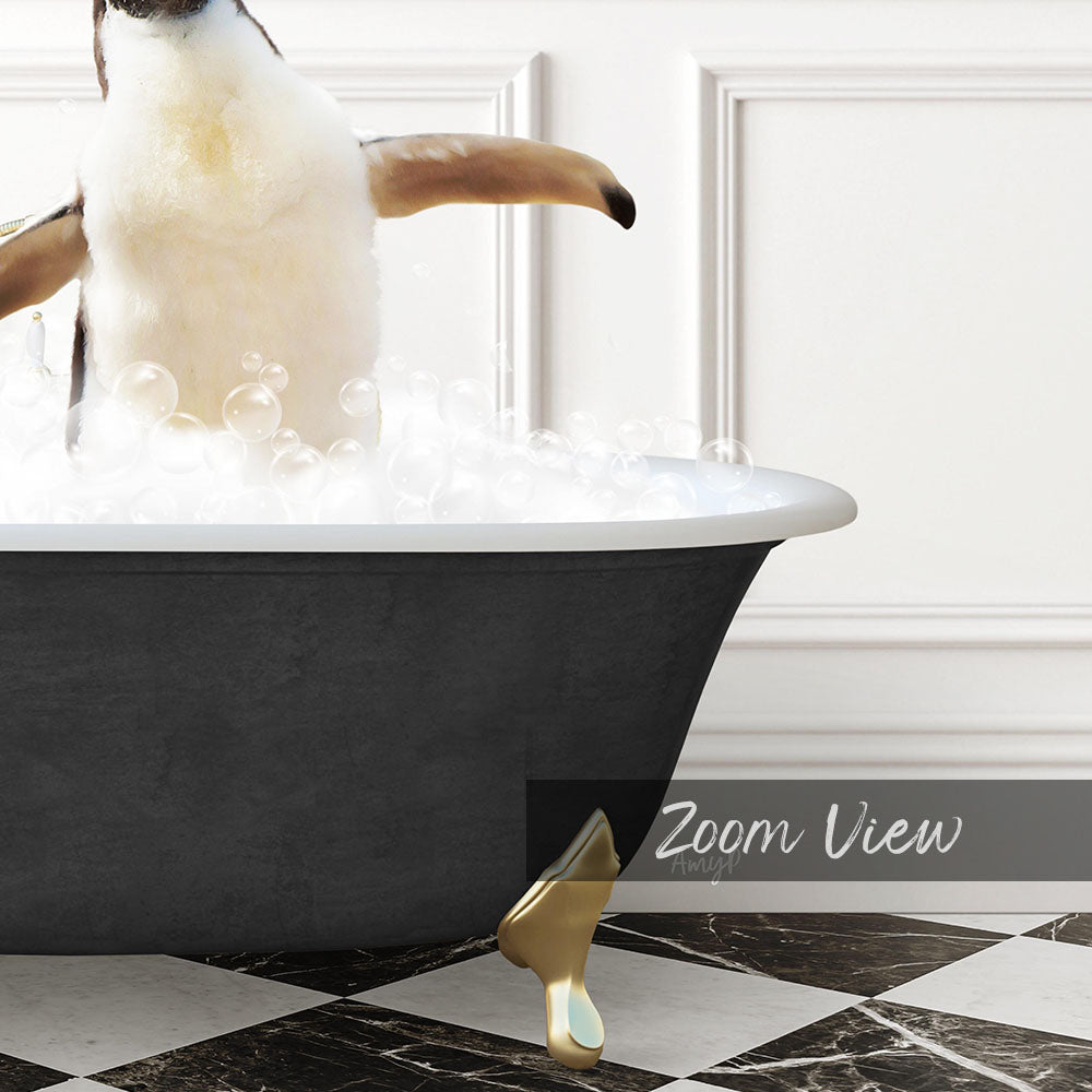 A penguin standing in a bathtub filled with bubbles, with a black and white checkered floor and a text overlay that reads "Zoom View".
