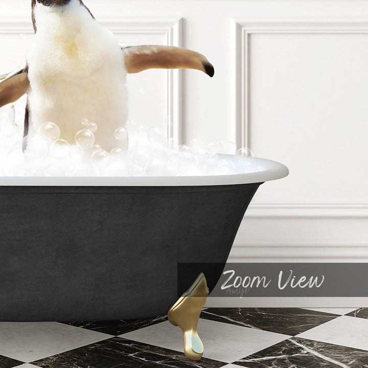 A penguin standing in a bathtub filled with bubbles, with a black and white checkered floor and a text overlay that reads "Zoom View".