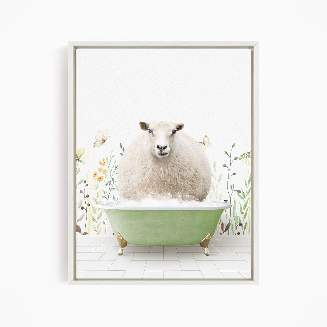 A fluffy white sheep sits in a green bathtub, surrounded by flowers and butterflies, creating a whimsical and serene scene.