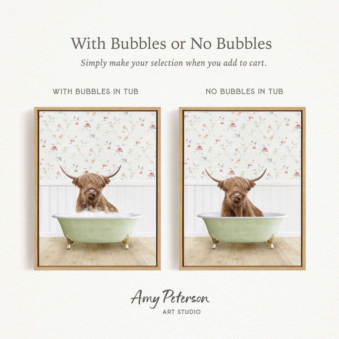 The image is a collage of two pictures featuring a Highland cow sitting in a bathtub. The cow has long horns and is surrounded by bubbles, creating a playful and whimsical scene.