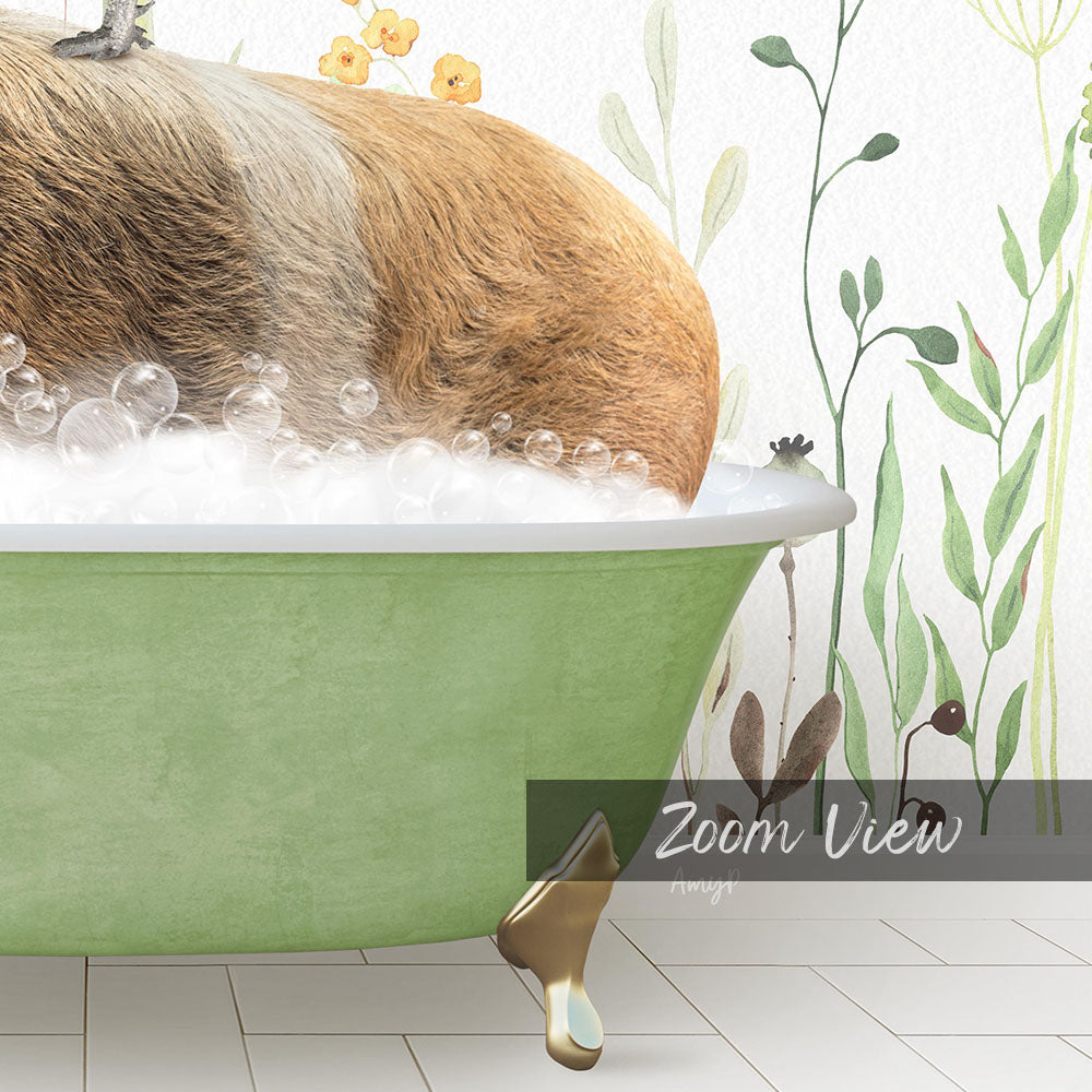 A dog is sitting in a green bathtub filled with bubbles, surrounded by a floral wall decoration.