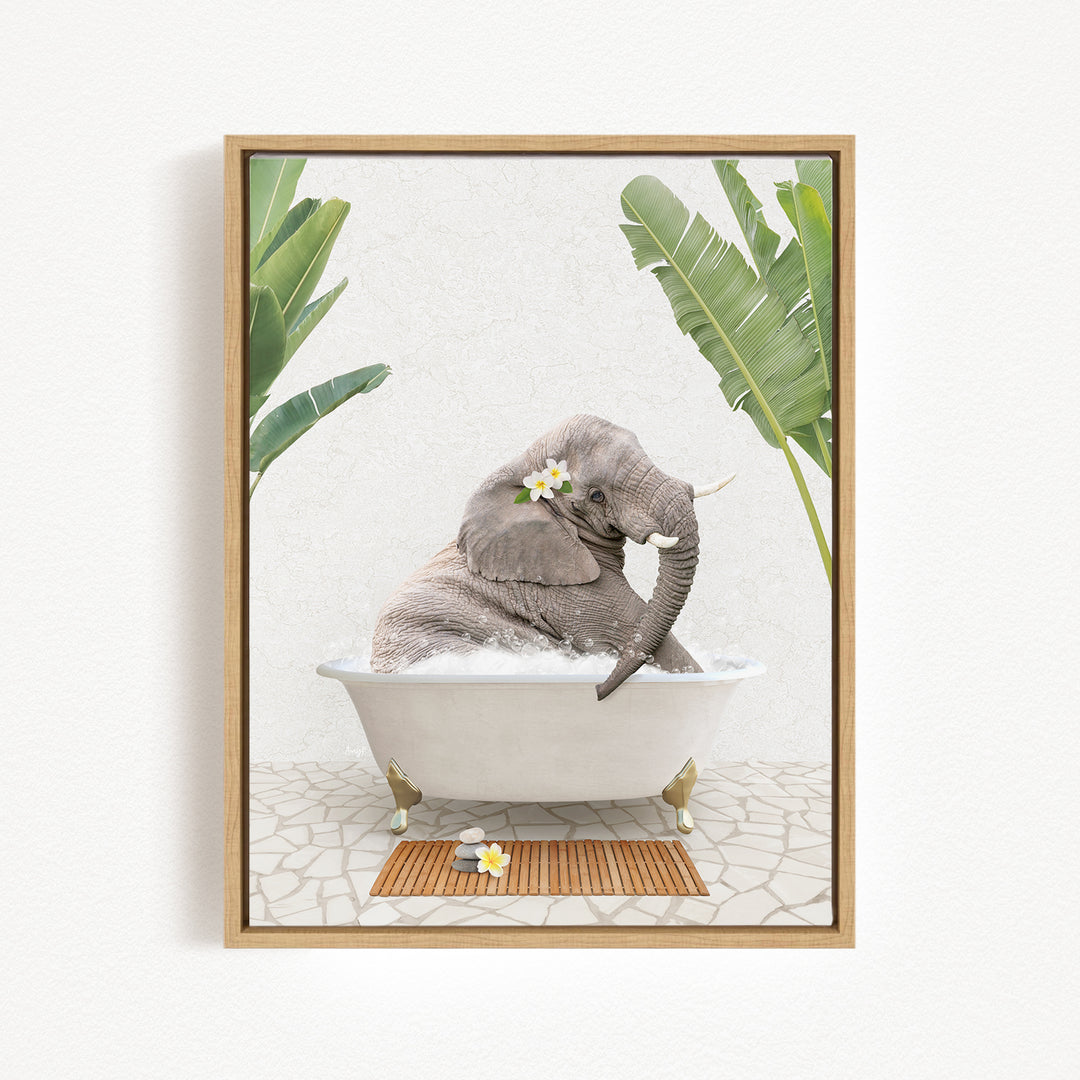 A gray elephant is sitting in a white bathtub, surrounded by green leaves and flowers, creating a whimsical and relaxing scene.