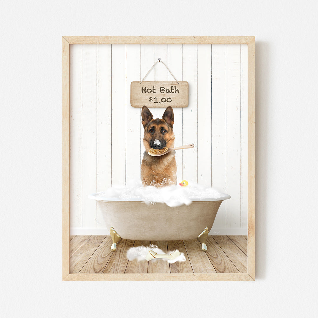 a dog sitting in a bathtub with a sign above it