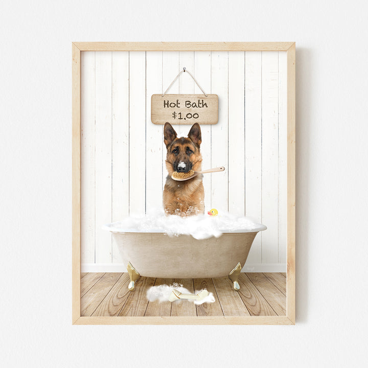 a dog sitting in a bathtub with a sign above it