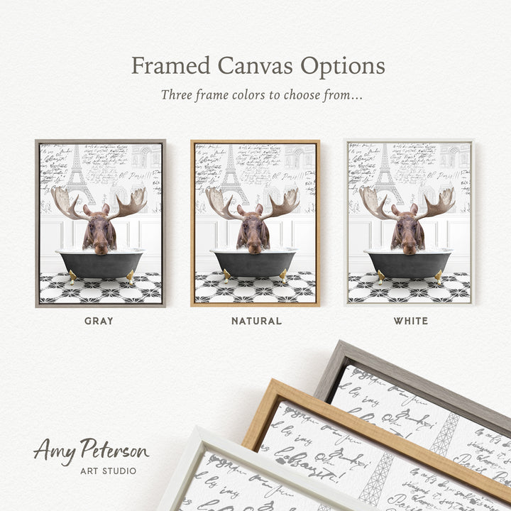 The image is a framed canvas option featuring three different colored frames with a moose image in each frame. The frames are labeled as "Grays," "Natural," and "White" to indicate the color of the frame.