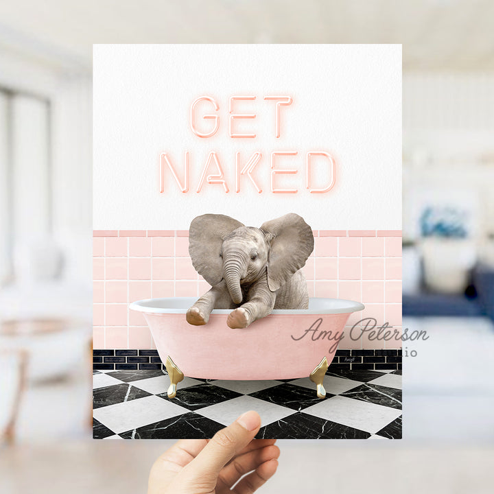 a person holding up a card with an elephant in a bathtub