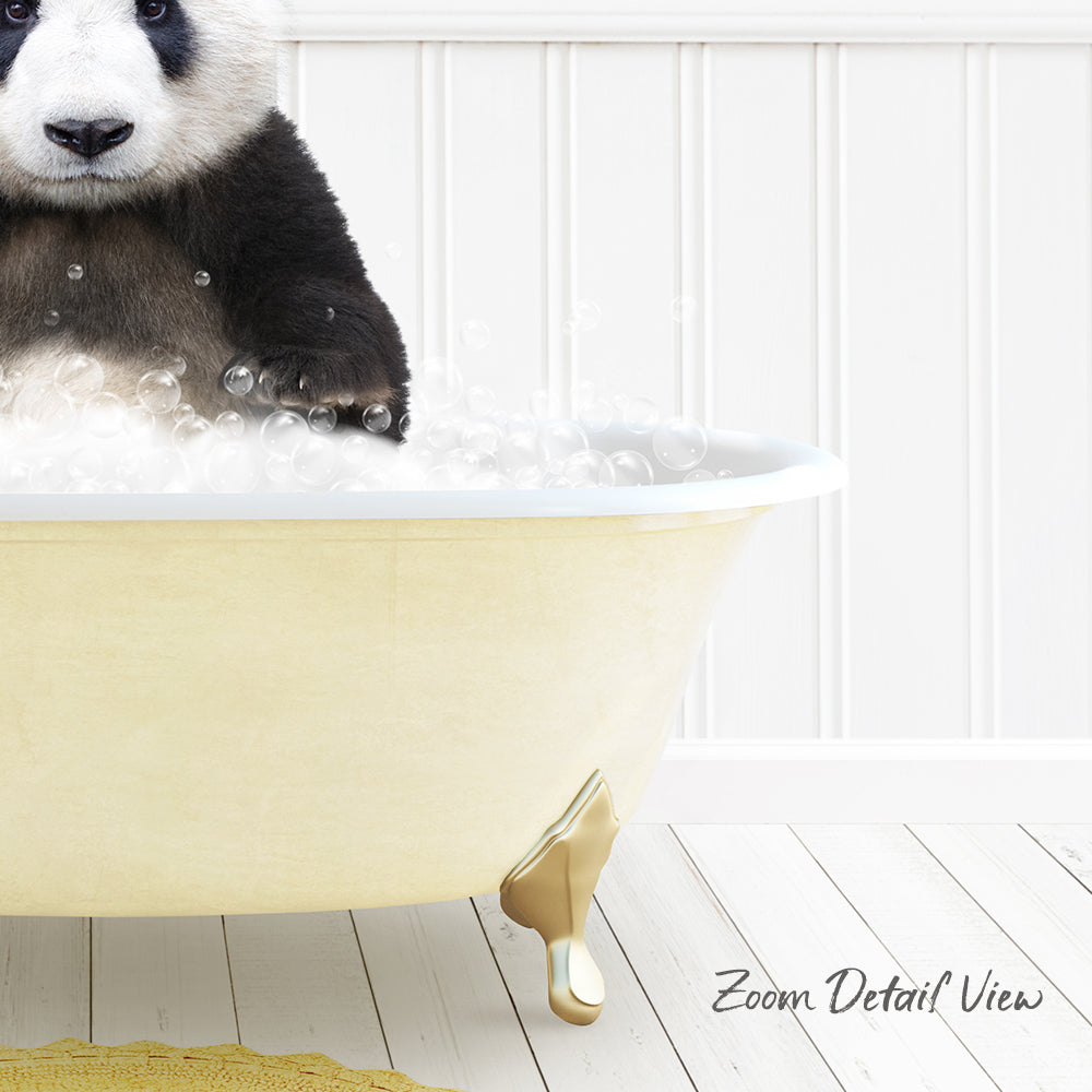 A panda bear sitting in a bathtub filled with bubbles, with a white wall and wooden floor in the background.
