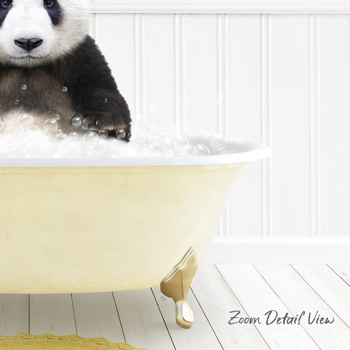 A panda bear sitting in a bathtub filled with bubbles, with a white wall and wooden floor in the background.