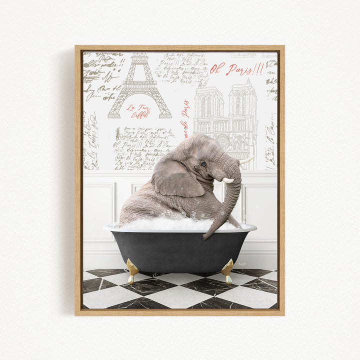 An elephant sitting in a bathtub filled with water, surrounded by various texts and illustrations, including the Eiffel Tower.