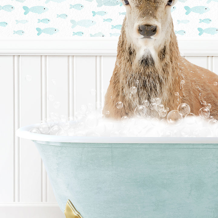 a deer is sitting in a bathtub full of bubbles