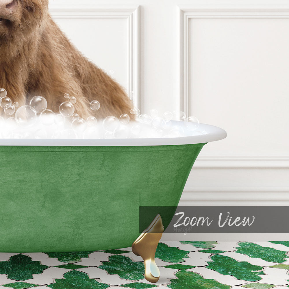 A brown dog is sitting in a green bathtub filled with bubbles, with a white wall and a patterned tile floor in the background.