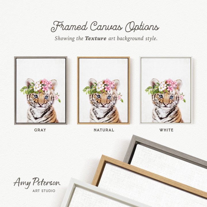 three framed canvas options, each with a different background color: gray, natural, and white. The text above the images reads " Framed Canvas Options" and "Showing the Texture art background style." The text below the images reads "Grays," "NATURAL," and "WHITE." The artist's name, Amy Peterson, is also mentioned at the bottom of the image.