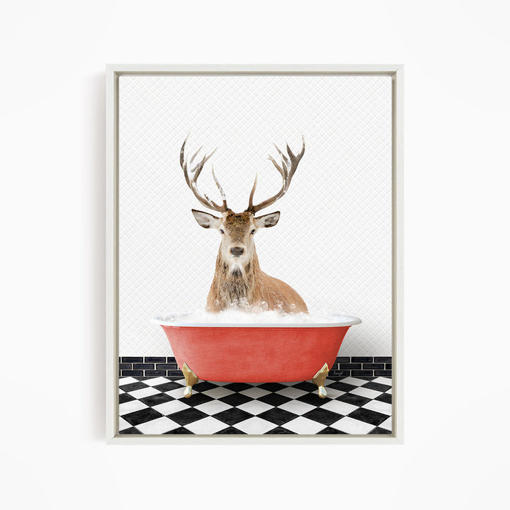 A deer with large antlers is sitting in a red bathtub filled with water, surrounded by a black and white checkered floor.
