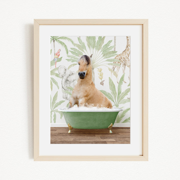 A brown horse is sitting in a green bathtub, surrounded by a tropical wallpaper with various animals and plants.