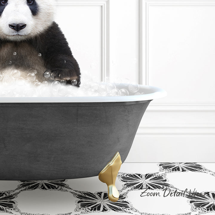 A panda bear sitting in a bathtub filled with bubbles, with a black and white patterned floor in the background.