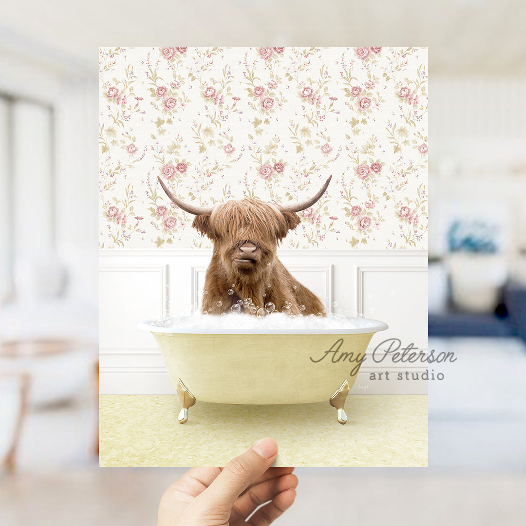 a hand holding up a card with a picture of a dog in a bathtub