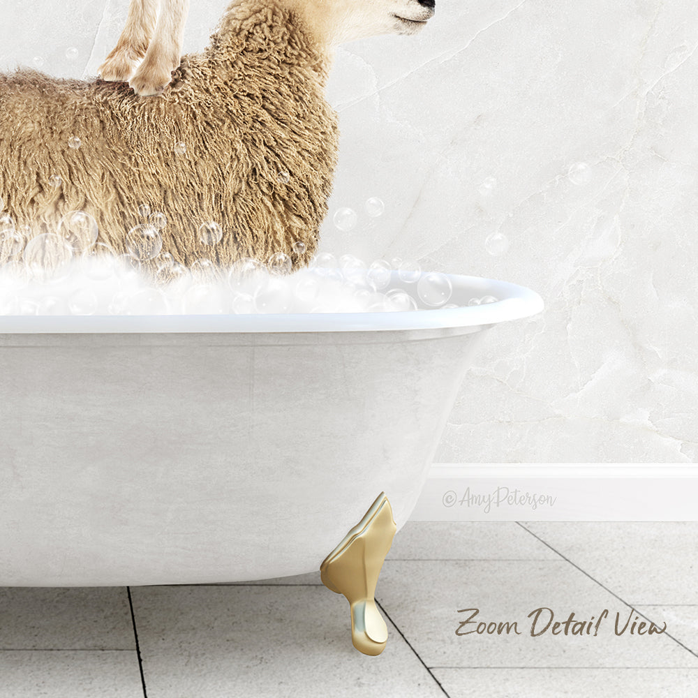 A fluffy brown sheep is sitting in a white bathtub filled with bubbles, creating a whimsical and playful scene.