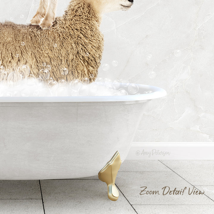 A fluffy brown sheep is sitting in a white bathtub filled with bubbles, creating a whimsical and playful scene.