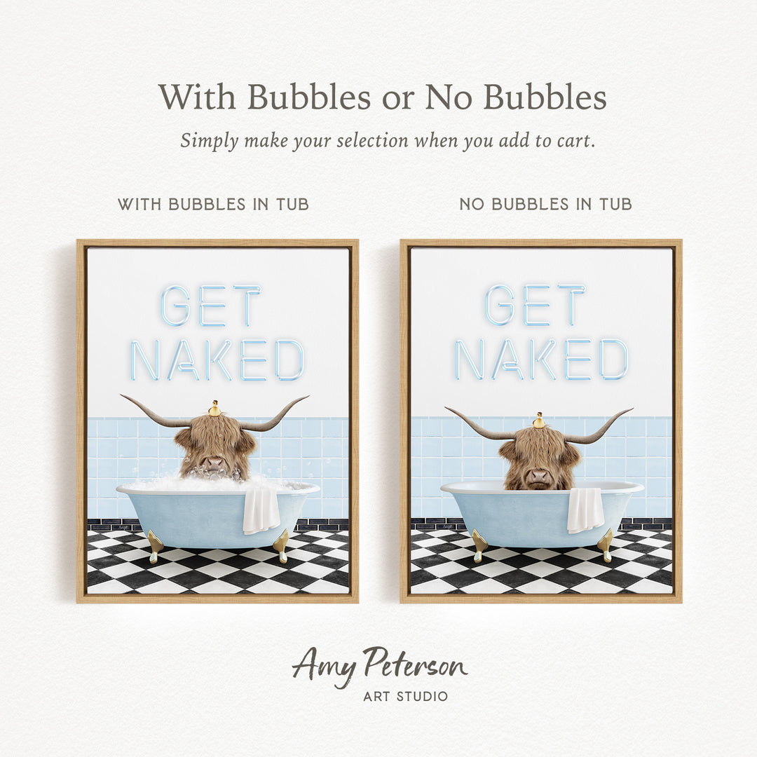The image is a framed print featuring a cartoon image of a horned animal, possibly a yak or a bull, sitting in a bathtub. The text on the print reads "GET NAKED" and is accompanied by two different descriptions of the image: one with bubbles and one without bubbles. The text also includes the artist's name, Amy Peterson, and the name of the art studio.