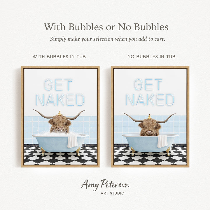 The image is a framed print featuring a cartoon image of a horned animal, possibly a yak or a bull, sitting in a bathtub. The text on the print reads "GET NAKED" and is accompanied by two different descriptions of the image: one with bubbles and one without bubbles. The text also includes the artist's name, Amy Peterson, and the name of the art studio.