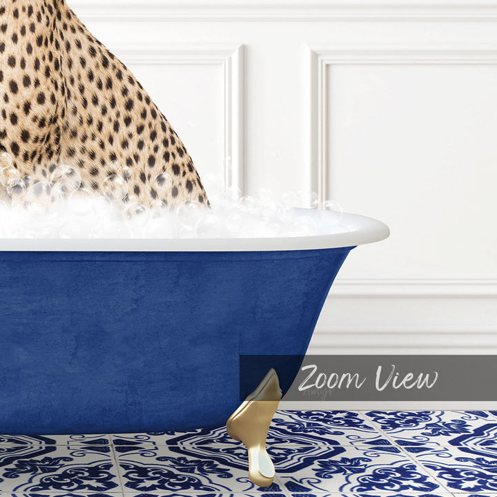 A leopard-print bathtub filled with water, with a gold bathtub faucet and a gold bathtub leg visible.