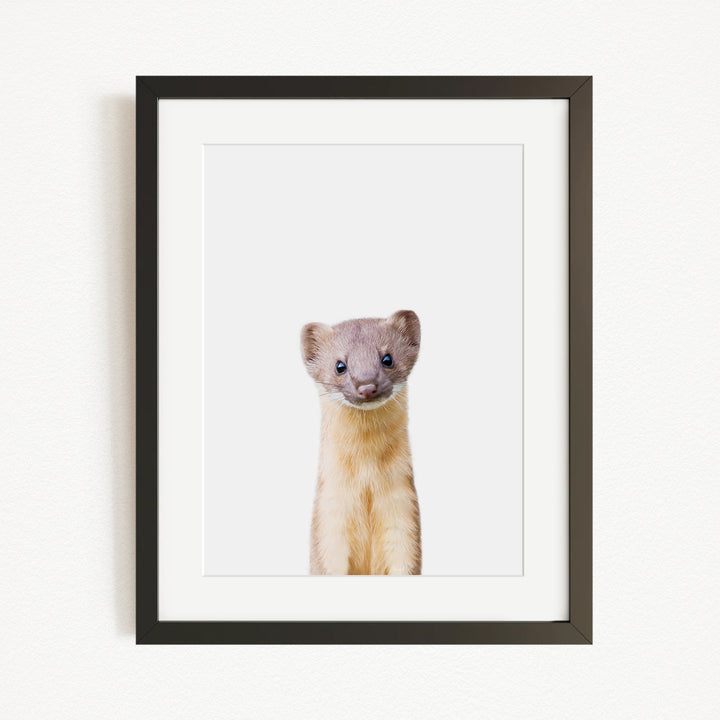 A small, furry animal with a curious expression is the focus of the framed artwork.