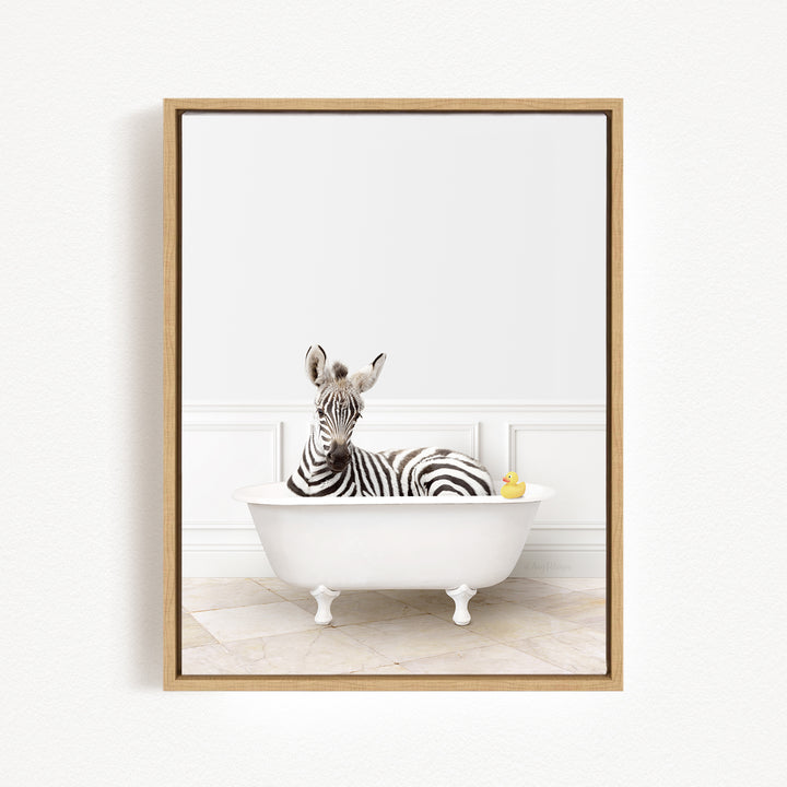 A zebra is sitting in a white bathtub, with a yellow rubber duck floating next to it.