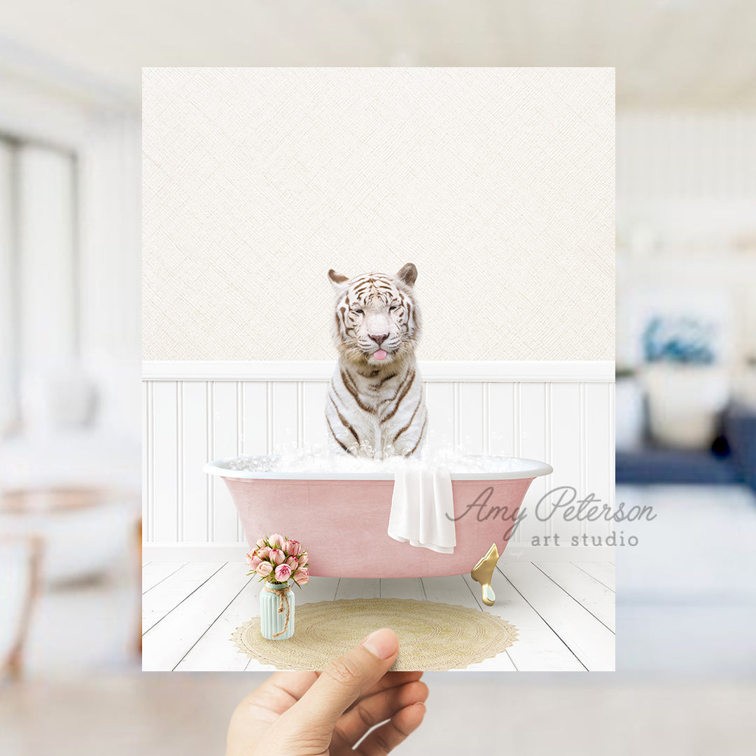 a person holding a card with a picture of a tiger in a bathtub