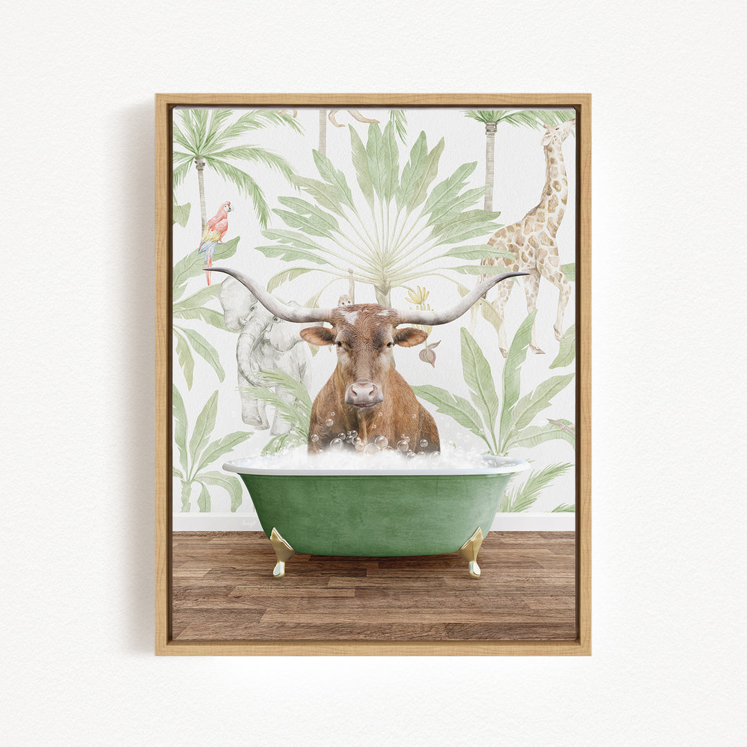 A brown cow with large horns is sitting in a green bathtub filled with water, surrounded by tropical plants and animals, such as a giraffe and a parrot, in a whimsical and playful scene.