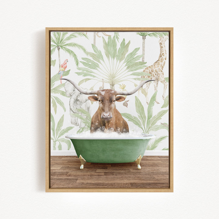 A brown cow with large horns is sitting in a green bathtub filled with water, surrounded by tropical plants and animals, such as a giraffe and a parrot, in a whimsical and playful scene.