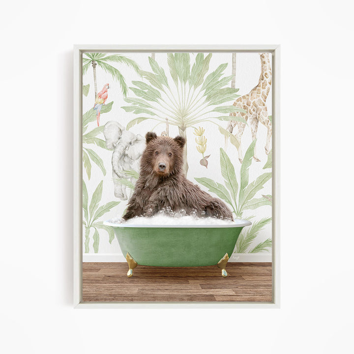 A brown bear sitting in a green bathtub, surrounded by tropical foliage and a giraffe in the background.