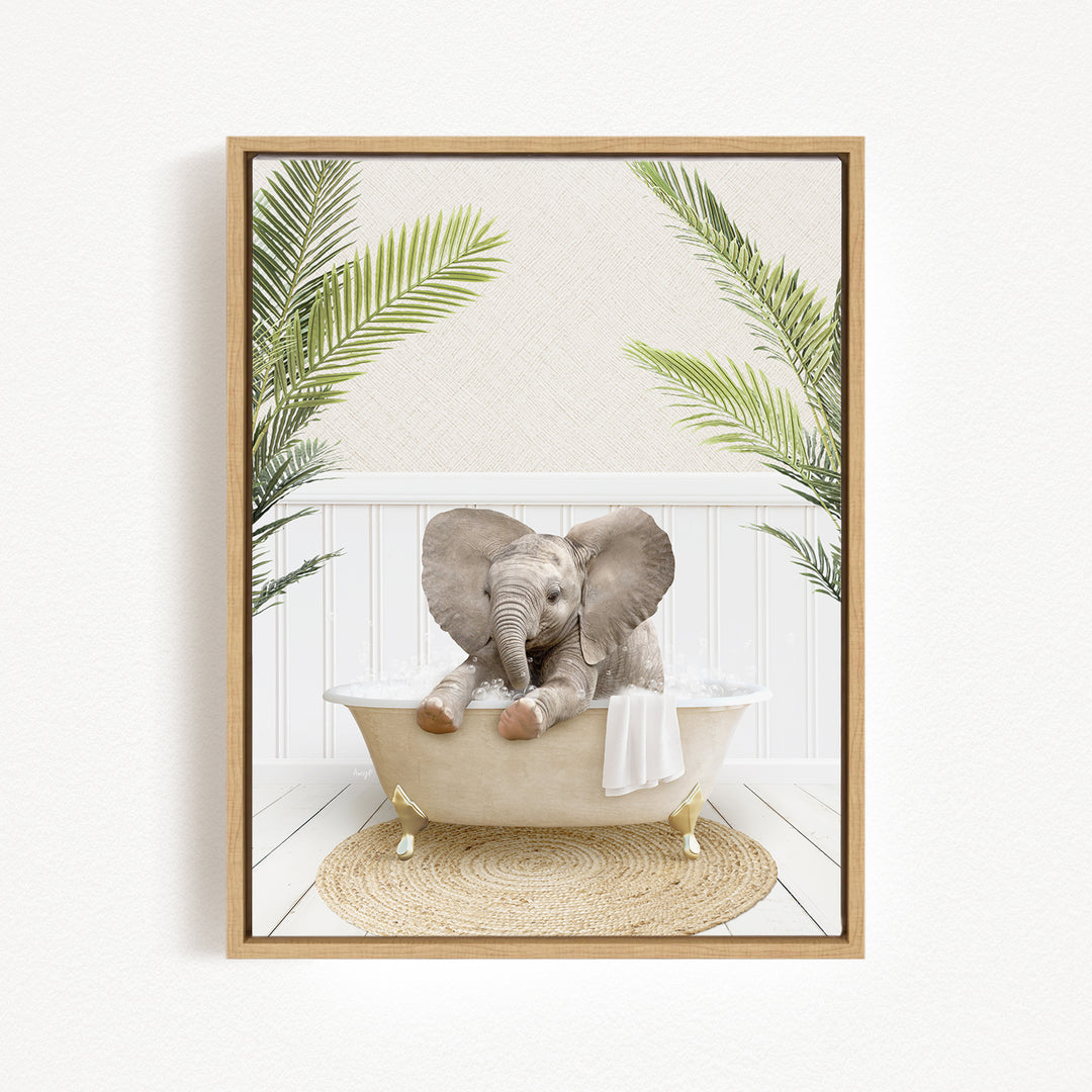 A baby elephant sitting in a bathtub, surrounded by palm leaves, creating a whimsical and playful scene.
