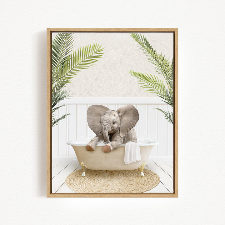 A baby elephant sitting in a bathtub, surrounded by palm leaves, creating a whimsical and playful scene.