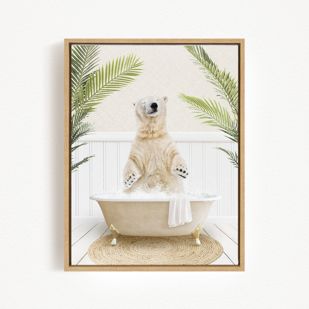 A polar bear is sitting in a bathtub filled with water, surrounded by palm leaves, creating a whimsical and playful scene.