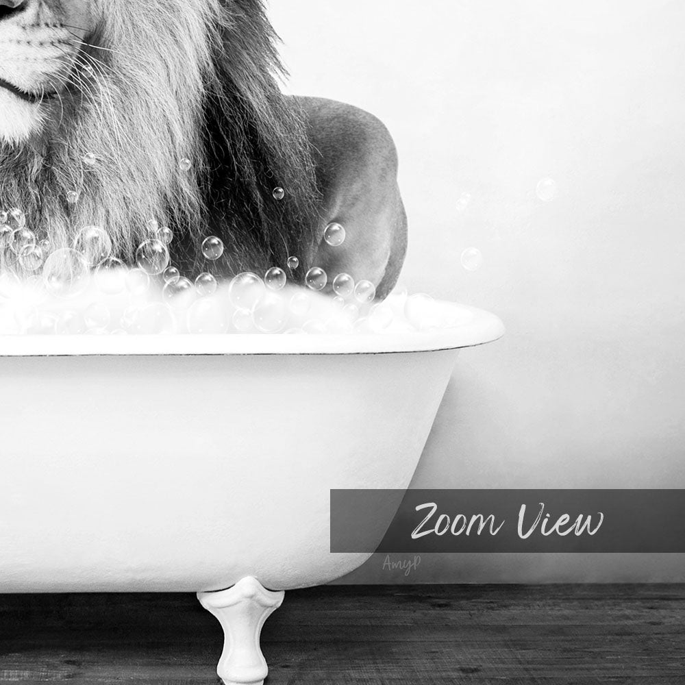 A lion is sitting in a bathtub filled with bubbles, creating a whimsical and playful scene.