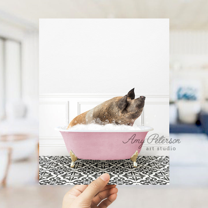 a dog taking a bath in a pink bathtub