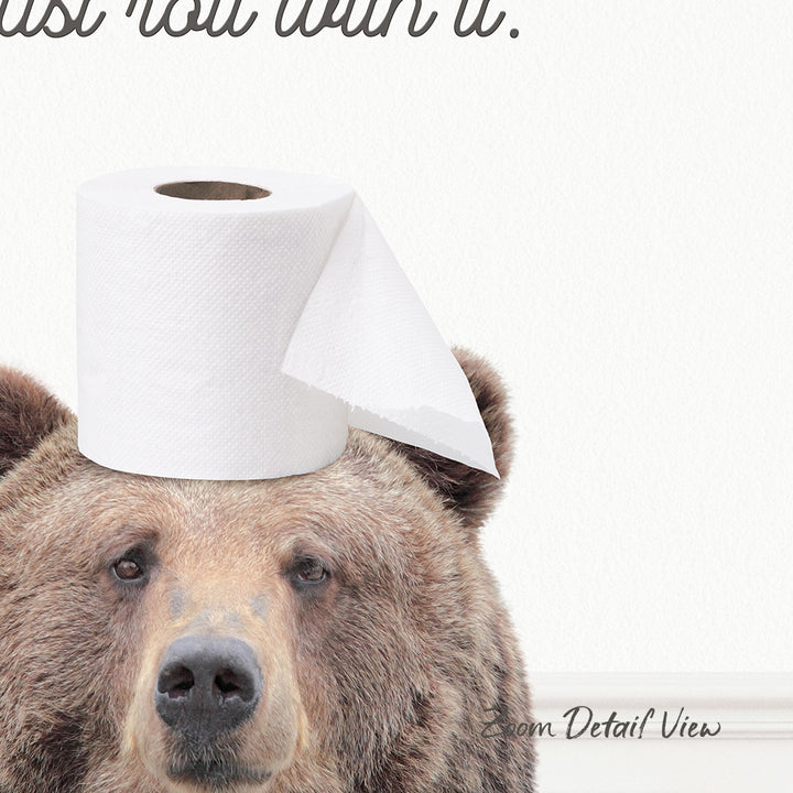 A brown bear wearing a roll of toilet paper on its head, with the text "I'm not sure how to get rid of it."