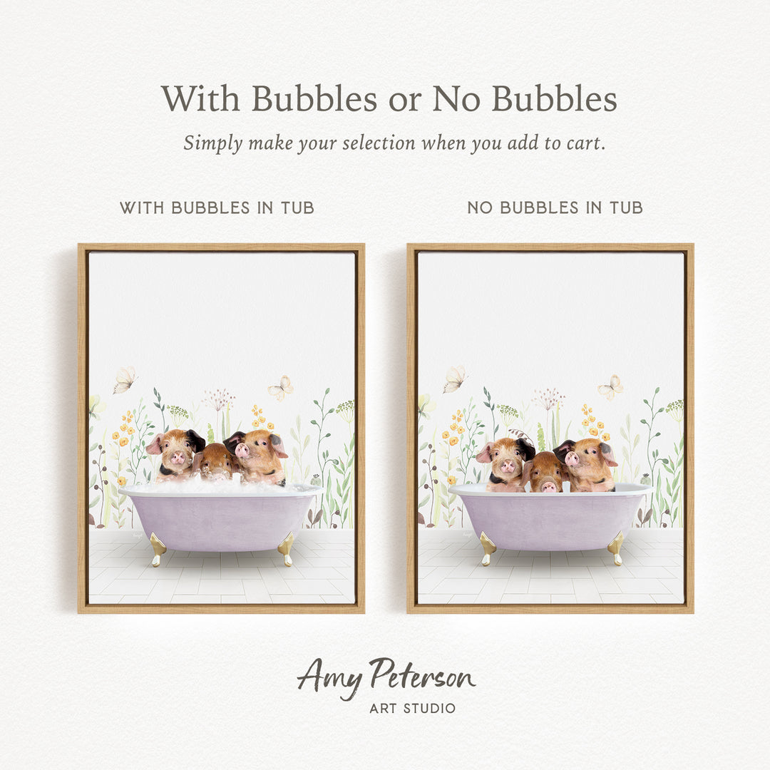 The image is a framed print featuring a whimsical scene of three small animals, likely hamsters, sitting in a bathtub filled with bubbles. The text above the image reads "With Bubbles or No Bubbles" and below it, "Simply make your selection when you add to cart." The text on the bottom right corner indicates that the image is from " Amy Peterson ART STUDIO."