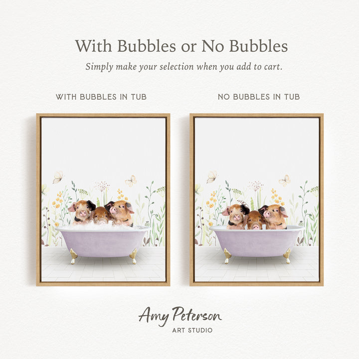 The image is a framed print featuring a whimsical scene of three small animals, likely hamsters, sitting in a bathtub filled with bubbles. The text above the image reads "With Bubbles or No Bubbles" and below it, "Simply make your selection when you add to cart." The text on the bottom right corner indicates that the image is from " Amy Peterson ART STUDIO."