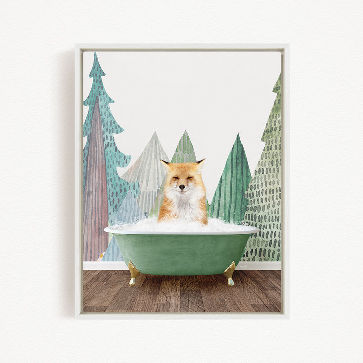 A fox is sitting in a green bathtub, surrounded by stylized trees in various shades of green and brown.