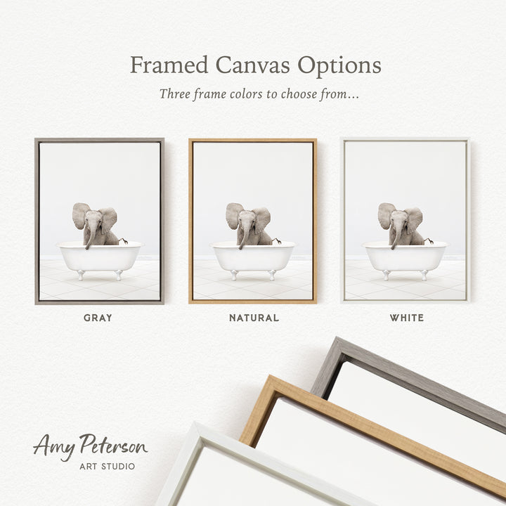 three framed canvas options, each featuring a gray elephant sitting in a white bathtub. The options include a gray frame, a natural frame, and a white frame.