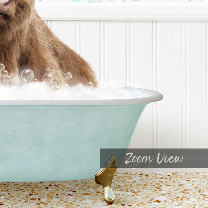A close-up of a bathtub filled with bubbles, with a dog sitting in it.